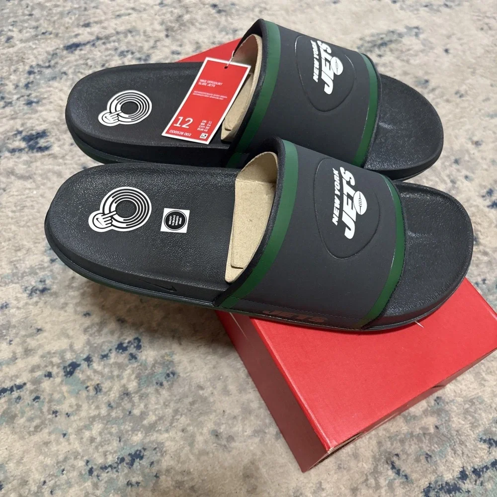 Nike Off Court Mens New York Jets Slides Size 12 Black & Green Sandals Shoes NFL